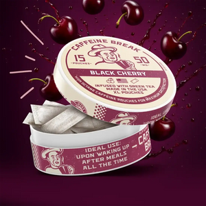 Black cherry caffeine pouches tin with 15 XL pouches containing 50mg caffeine each, surrounded by cherries