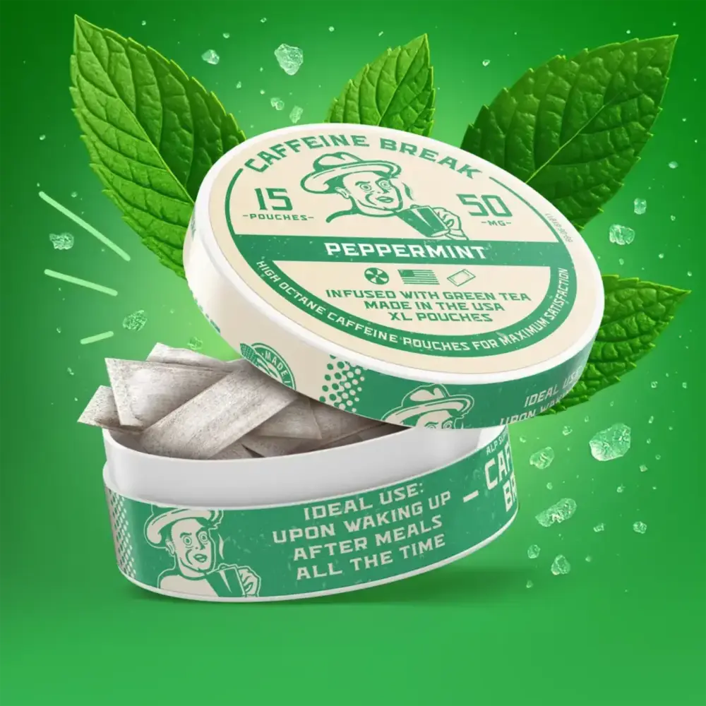 Open tin of peppermint caffeine pouches showing white pouches inside with green mint leaves in background