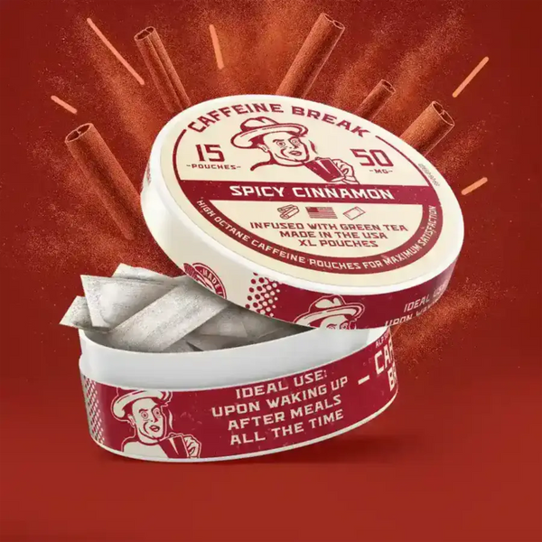 Open tin of spicy cinnamon caffeine pouches showing 15 XL pouches with cinnamon sticks radiating from container