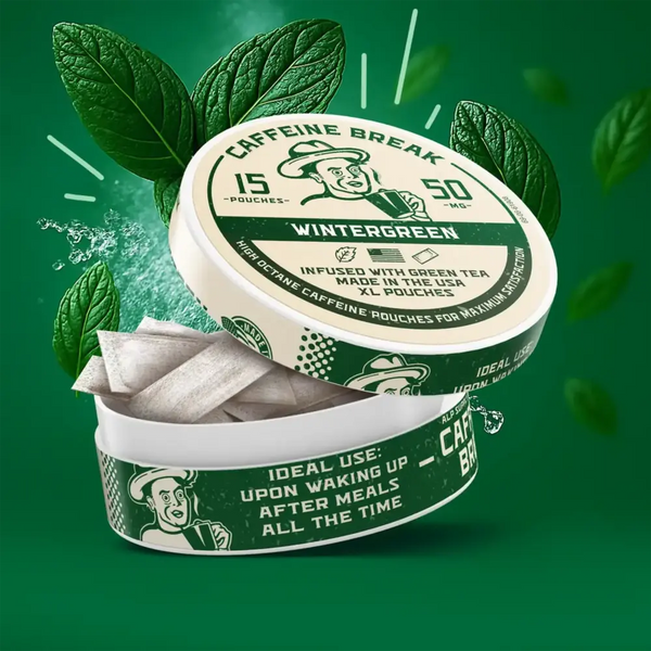 Wintergreen caffeine pouches tin with 15 pouches and 50mg caffeine, surrounded by green mint leaves